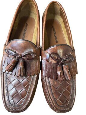 Johnston & Murphy Mens Brown Leather Tassel Loafers 9.5W Woven Design